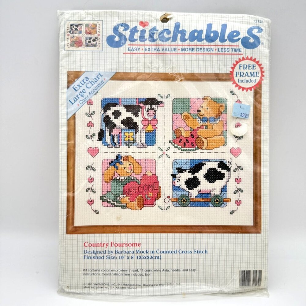 Stitchables Counted Cross Stitch Kit 72125 Country Foursome Cow Bear Bunny Pig